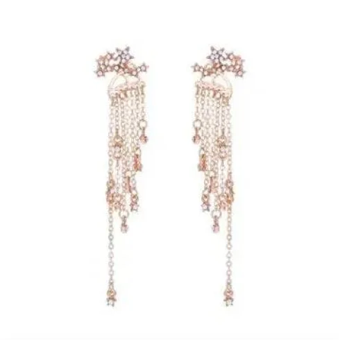 Elegant Shining Star Tassel Earrings with crystal strands and floral accents in rose gold