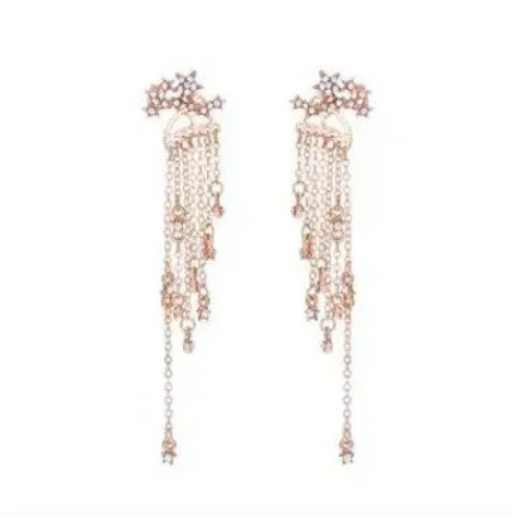 Elegant Shining Star Tassel Earrings with crystal strands and floral accents in rose gold