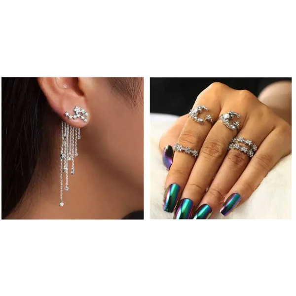 Sparkly Shining Star Tassel Earrings paired with chrome nails and crystal jewelry