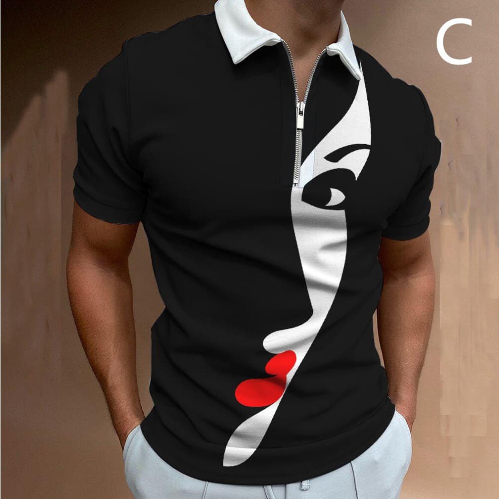 Shirts For Men Face Art Print Short Sleeve Tshirts Streetwear Mens - BlackC / 2XL