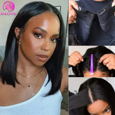 Short V Part Bob Wig – No Glue Straight Human Hair U Part Wig for Women, Brazilian Short Bob Style - Himpall