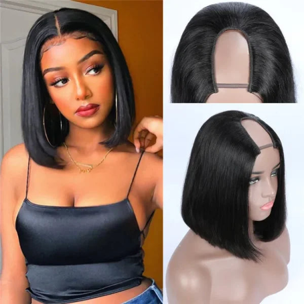Short V Part Bob Wig – No Glue Straight Human Hair U Part Wig for Women, Brazilian Short Bob Style - Himpall
