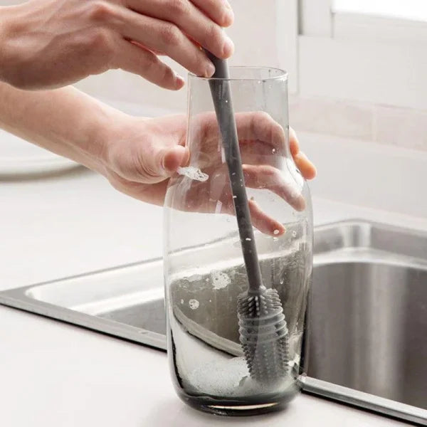 Silicone Bottle Brush – Long Handle Cup Scrubber for Milk Bottles Glasses & Kitchen Cleaning - Grey