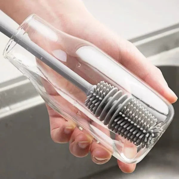 Silicone Bottle Brush – Long Handle Cup Scrubber for Milk Bottles Glasses & Kitchen Cleaning - Grey