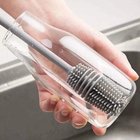 Silicone Bottle Brush – Long Handle Cup Scrubber for Milk Bottles Glasses & Kitchen Cleaning - Grey