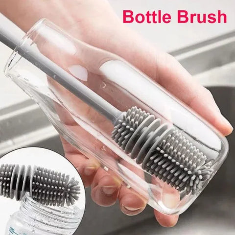 Silicone Bottle Brush – Long Handle Cup Scrubber for Milk Bottles Glasses & Kitchen Cleaning - Grey