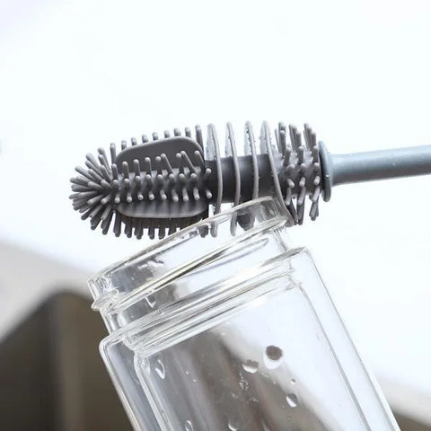 Silicone Bottle Brush – Long Handle Cup Scrubber for Milk Bottles Glasses & Kitchen Cleaning - Grey