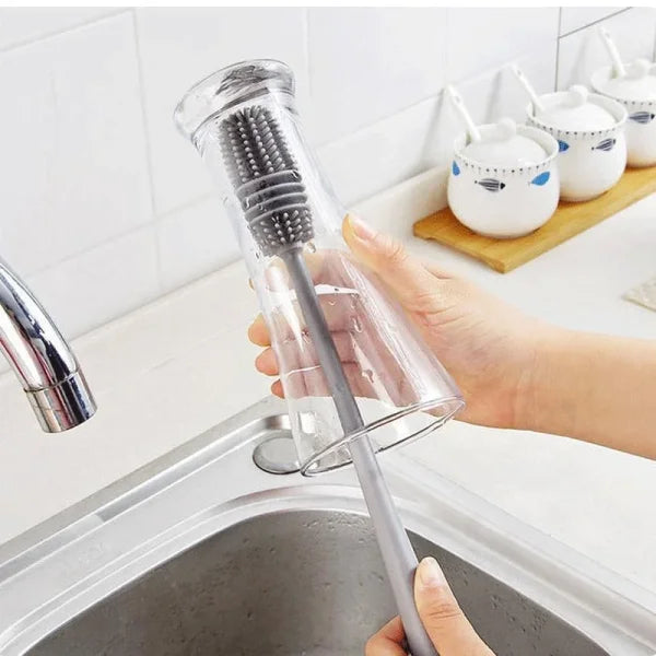 Silicone Bottle Brush – Long Handle Cup Scrubber for Milk Bottles Glasses & Kitchen Cleaning - Grey