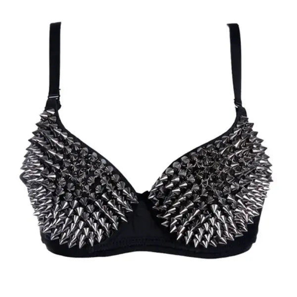 Silver Rivet Punk Rave Bralette - Gothic Studded Push-Up Bra Top - Sexy Nightclub Party & Festival Fashion Lingerie