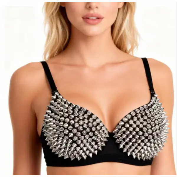 Silver Rivets Punk Rave Bralette Lingerie Gothic Bra Top Sexy Push Up Brassiere Nightclub Party Bar Fashion Hot Bras