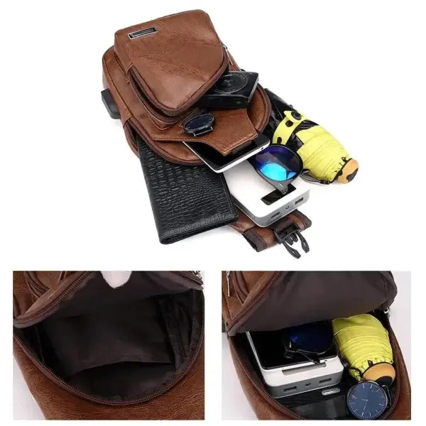 Men’s Microfiber Synthetic Leather USB Charging Crossbody Chest Bag