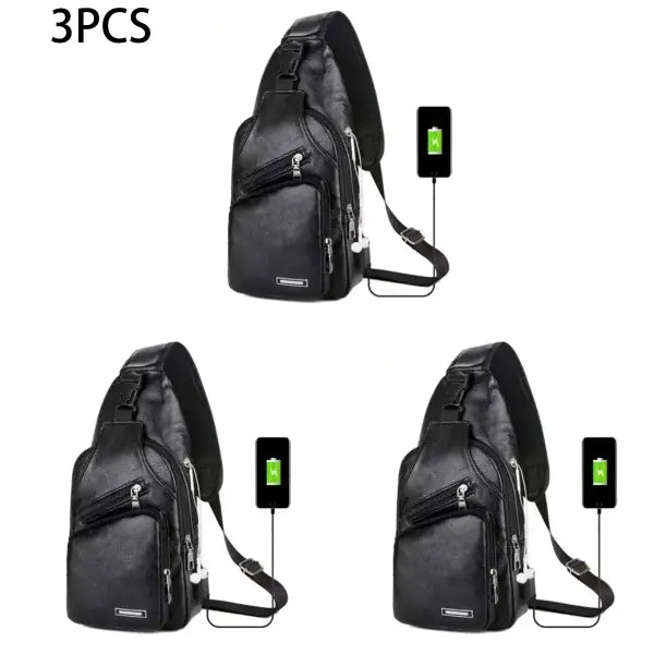Men’s Microfiber Synthetic Leather USB Charging Crossbody Chest Bag - BLACK 3 / (30cm<Max Length<50cm)