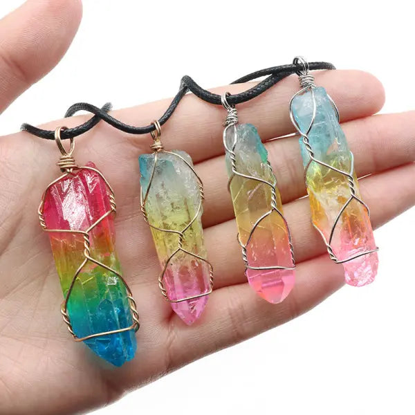 Simple Rainbow Stone Crystal Column Necklace with O Chain - Hair Remover