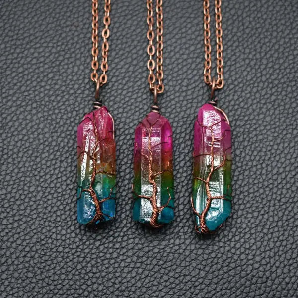 Simple Rainbow Stone Crystal Column Necklace with O Chain - Hair Remover