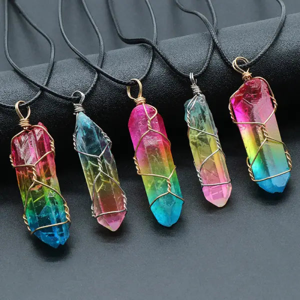 Simple Rainbow Stone Crystal Column Necklace with O Chain - Hair Remover