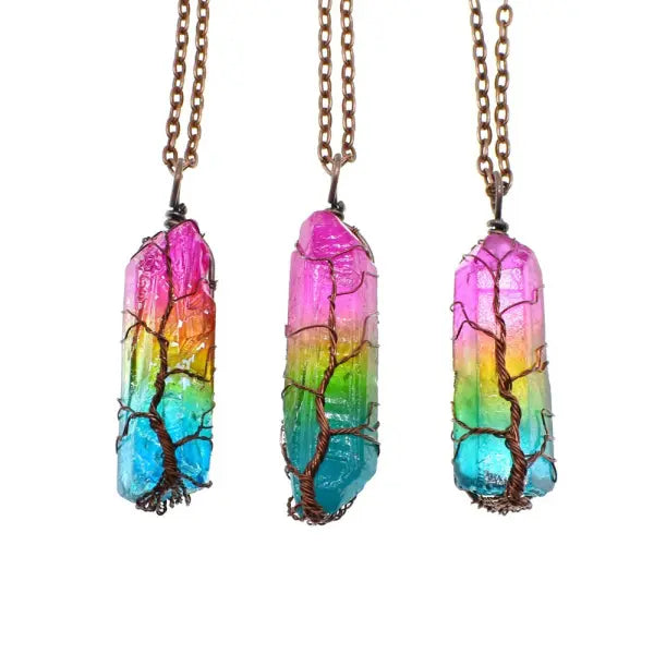 Simple Rainbow Stone Crystal Column Necklace with O Chain - Hair Remover