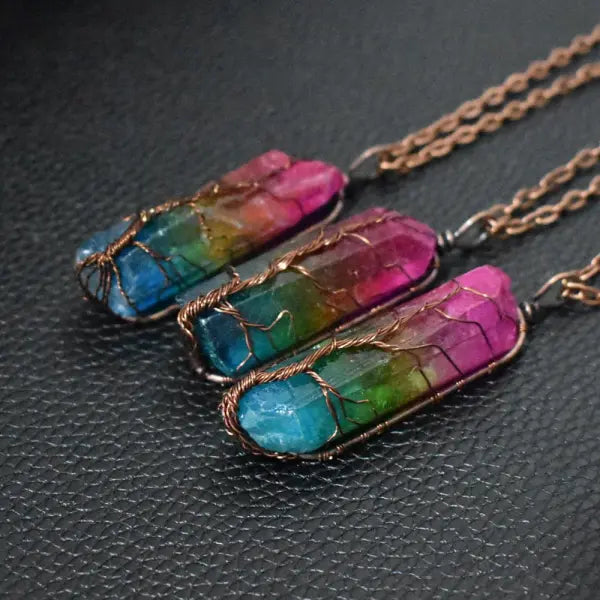 Simple Rainbow Stone Crystal Column Necklace with O Chain - Hair Remover