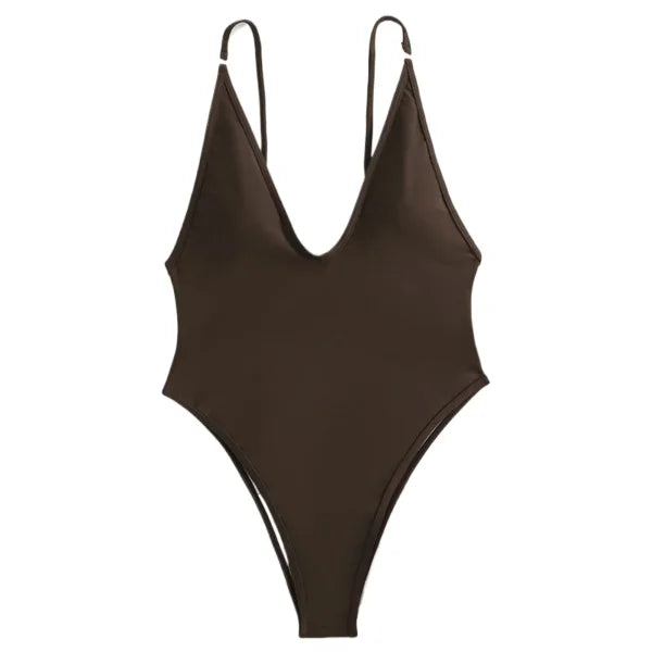 Sleeveless Deep V Bodysuit Romper – Fashionable & Sexy Swimsuit - Coffee / S / CN