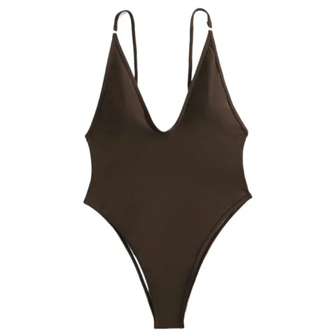 Sleeveless Deep V Bodysuit Romper – Fashionable & Sexy Swimsuit - Coffee / S / CN