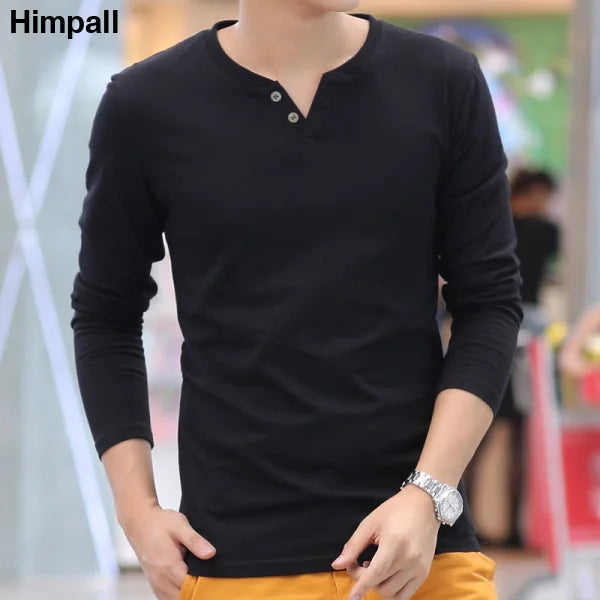 New Long Sleeve Autumn Linen T Shirts Male Casual Men Top - Black / 2XL