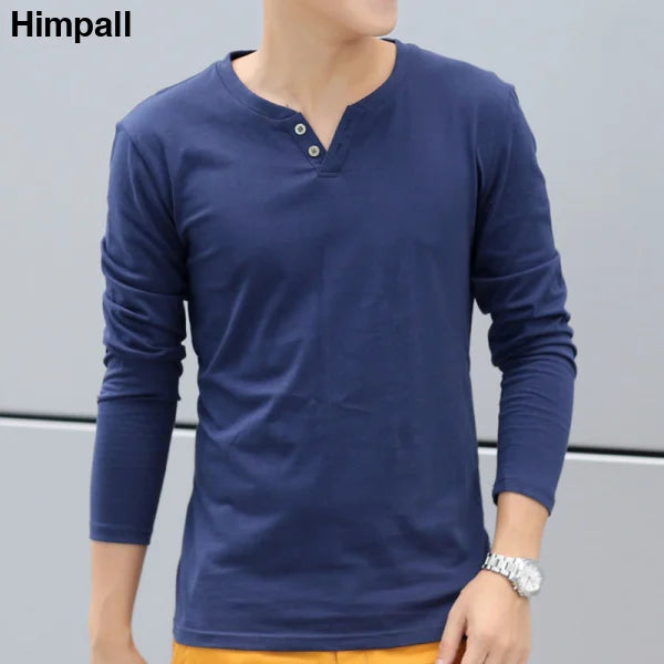 New Long Sleeve Autumn Linen T Shirts Male Casual Men Top - Navy Blue / 2XL