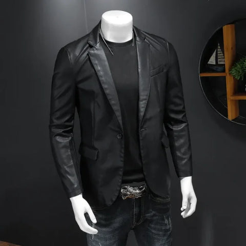 Slim Fit PU Leather Motorcycle Jacket – Turn Down Collar Black Biker Coat (5XL) - Himpall