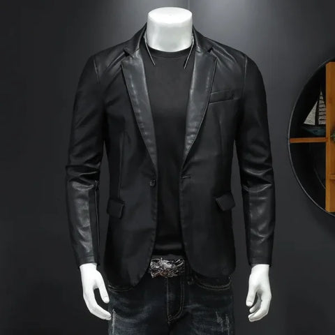 Slim Fit PU Leather Motorcycle Jacket – Turn Down Collar Black Biker Coat (5XL) - Himpall