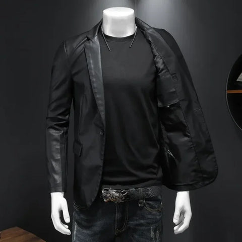Slim Fit PU Leather Motorcycle Jacket – Turn Down Collar Black Biker Coat (5XL) - Himpall