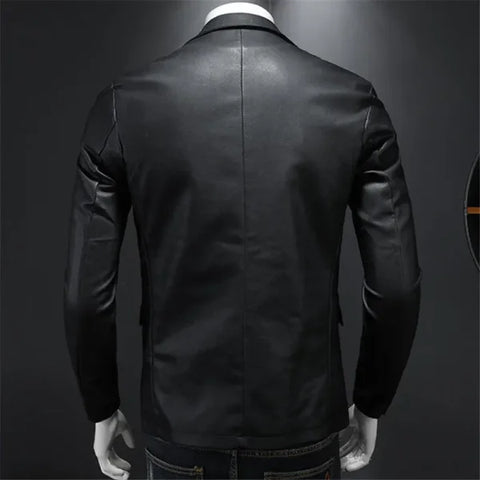 Slim Fit PU Leather Motorcycle Jacket – Turn Down Collar Black Biker Coat (5XL) - Himpall