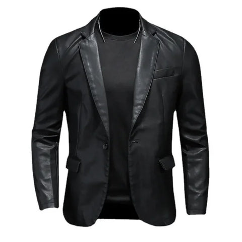 Slim Fit PU Leather Motorcycle Jacket – Turn Down Collar Black Biker Coat (5XL) - Himpall