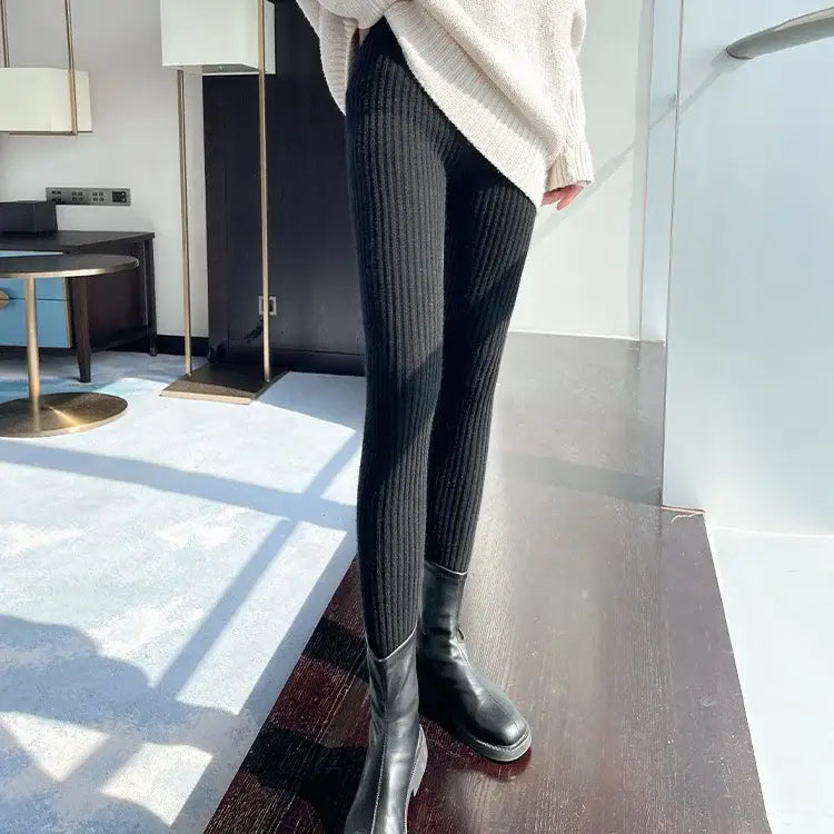 Slim Leggings Autumn Women High Waist Casual Trousers Knitted Ribbed Thicken Solid Elasticity Thermal Ankle-Length