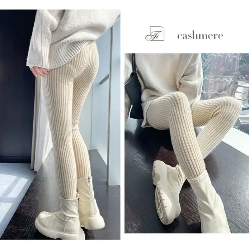 Slim Leggings Autumn Women High Waist Casual Trousers Knitted Ribbed Thicken Solid Elasticity Thermal Ankle-Length