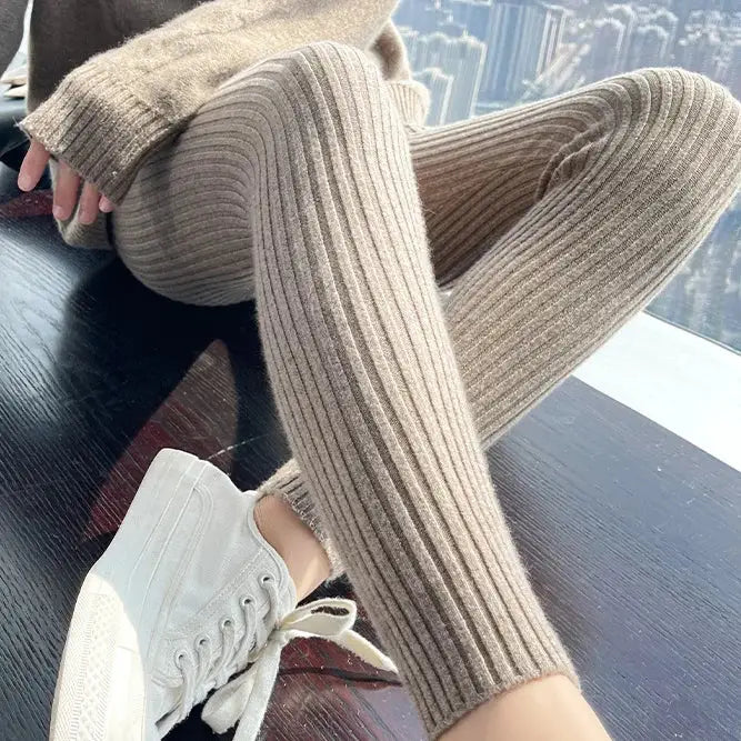 Slim Leggings Autumn Women High Waist Casual Trousers Knitted Ribbed Thicken Solid Elasticity Thermal Ankle-Length