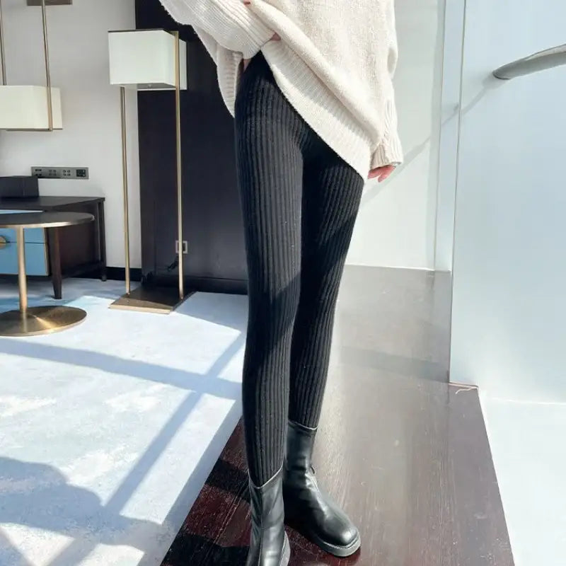 Slim Leggings Autumn Women High Waist Casual Trousers Knitted Ribbed Thicken Solid Elasticity Thermal Ankle-Length