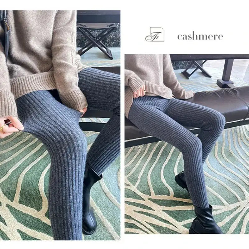Slim Leggings Autumn Women High Waist Casual Trousers Knitted Ribbed Thicken Solid Elasticity Thermal Ankle-Length