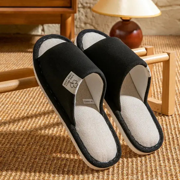 Men’s Non-Slip Linen House Slippers: Soft-Soled Breathable Indoor Shoes for All Seasons - black / 36-37 / CHINA
