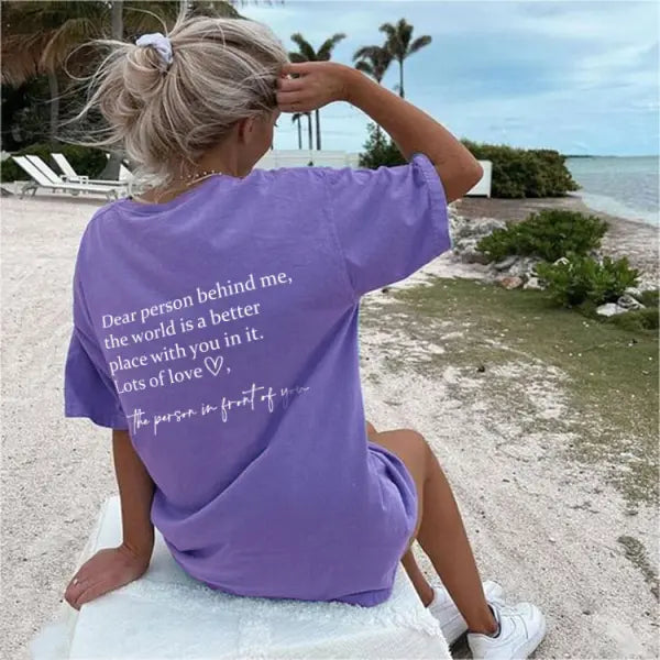 Slogan Printed Round Neck T-shirt in Multiple Sizes for Casual Style - Purple / 2XL - None