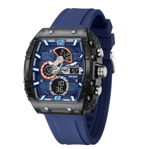 Waterproof Dual Display Sports Watch with Silicone Band for Men - Deep Blue