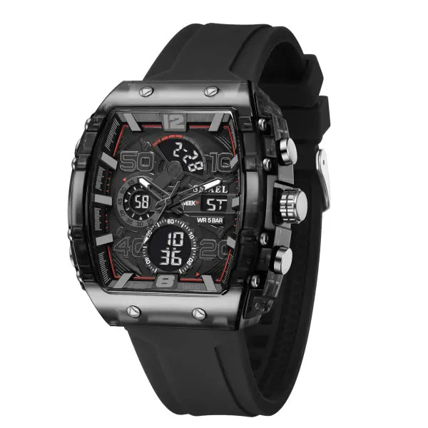 Waterproof Dual Display Sports Watch with Silicone Band for Men - black