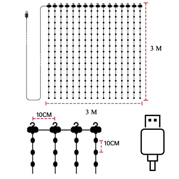 Smart Curtain Lights with Bluetooth App Control and 400 LED Features - 3mx3m 400leds