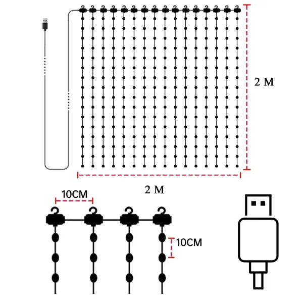 Smart Curtain Lights with Bluetooth App Control and 400 LED Features - 2mx2m 400leds