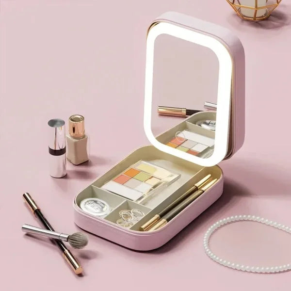 Smart LED Makeup Bag with Mirror Lights – Large Capacity Travel Cosmetic Organizer Case for Women