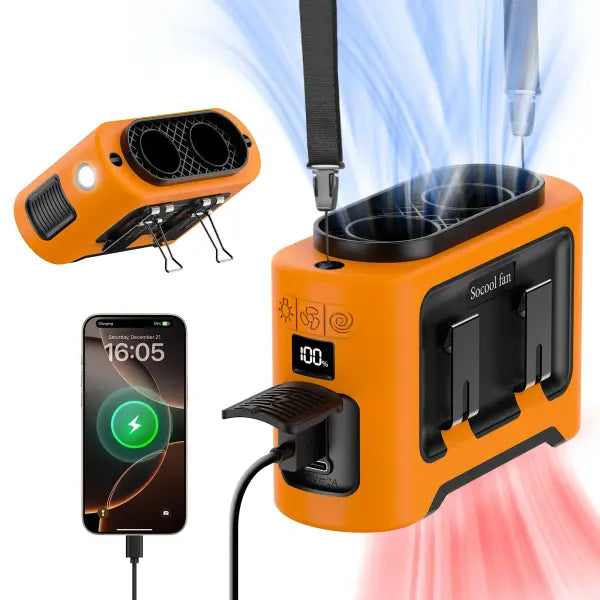 Portable waist fan dual airflow clips emergency flashlight outdoor cooling - Orange / China Mainland