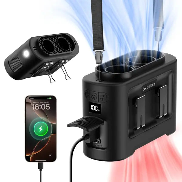 Portable waist fan dual airflow clips emergency flashlight outdoor cooling - Black / China Mainland