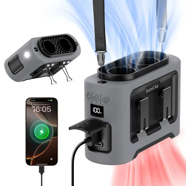 Portable waist fan dual airflow clips emergency flashlight outdoor cooling - Gray / China Mainland
