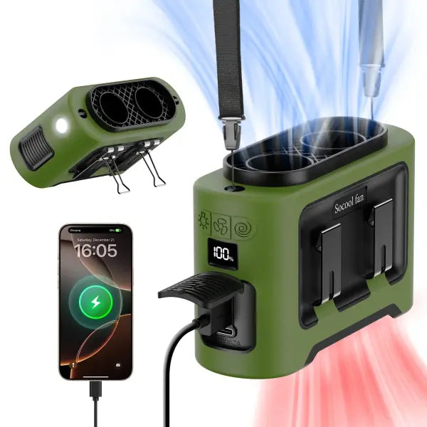 Portable waist fan dual airflow clips emergency flashlight outdoor cooling - Green / China Mainland