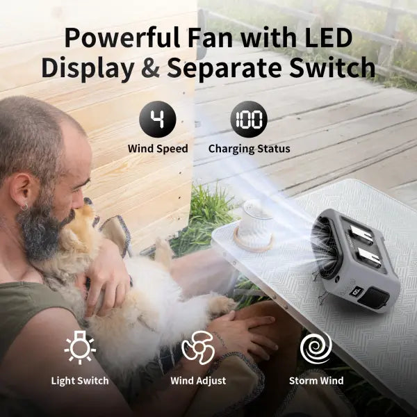 Portable waist fan dual airflow clips emergency flashlight outdoor cooling