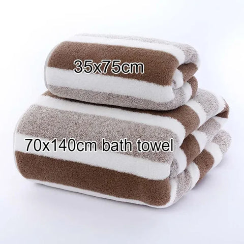 Striped Face & Bath Towel - Soft Absorbent & Quick-Drying - Coffee / 1pc 70x140cm towel