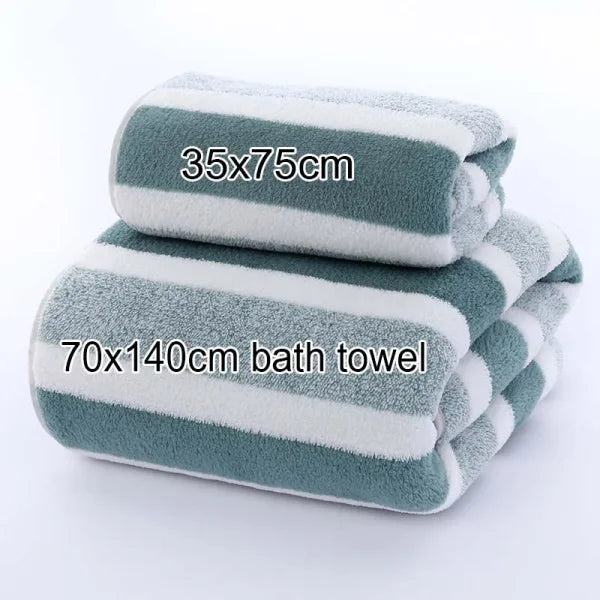 Striped Face & Bath Towel - Soft Absorbent & Quick-Drying - Green / 1pc 70x140cm towel