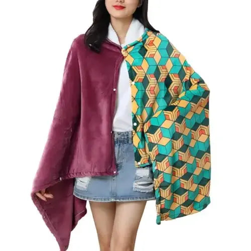 Soft Demon Slayer Hoodie Blanket Wearable Tanjirou No Yaiba Anime Plaid Shawl Wrap Nap Quilt Comfortable Pajamas Adult